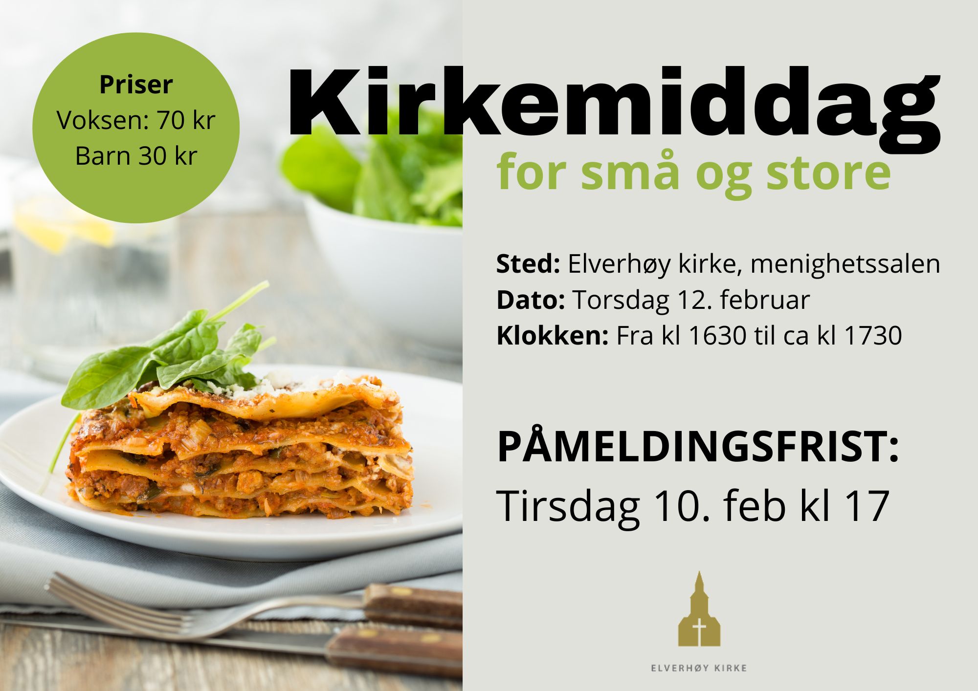 Illustrasjon med bilde av lasagne og info