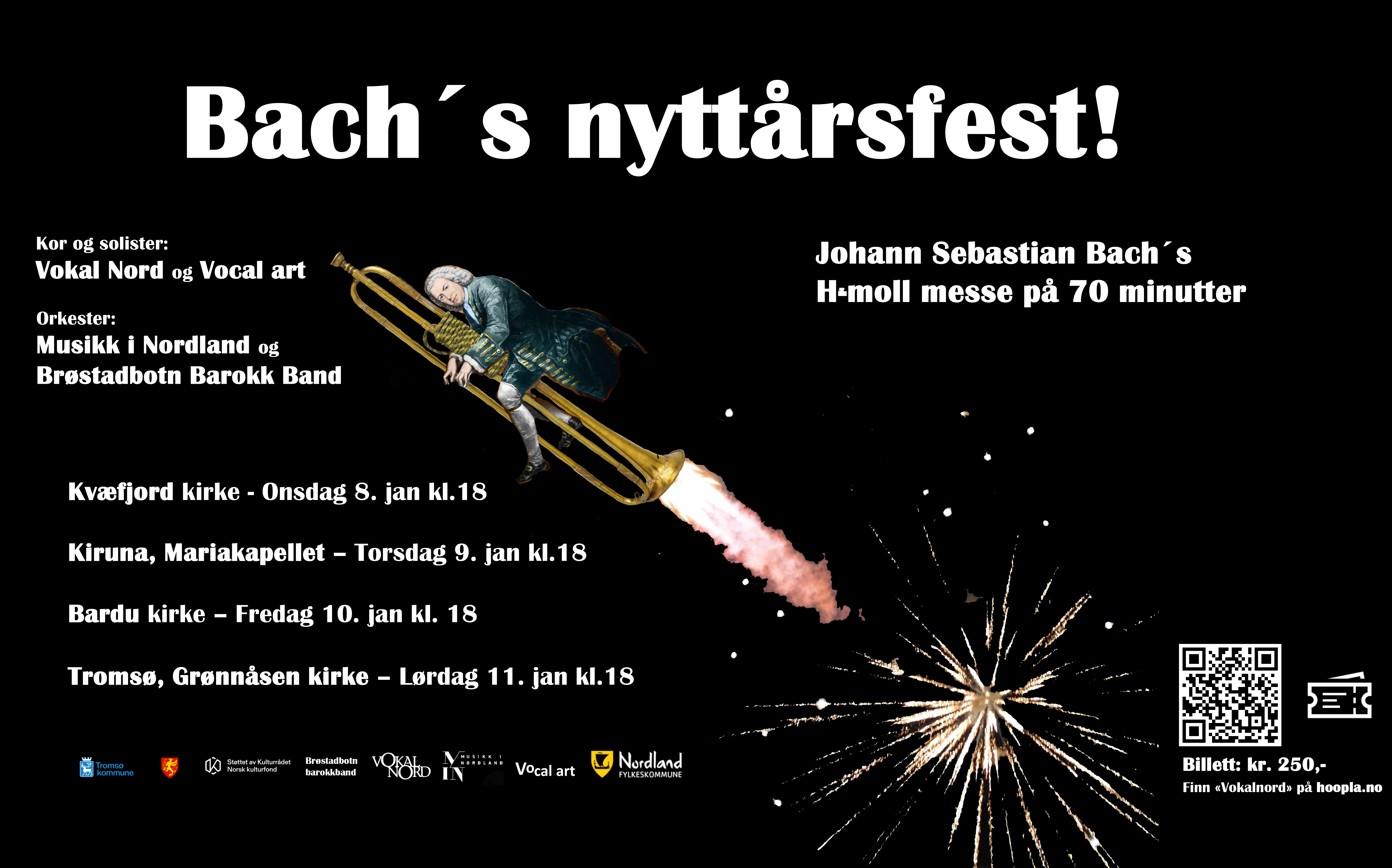 Plakat med tekstinfo og illustrasjon av Bach på en nyttårsrakett